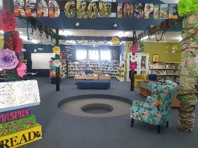 Library space designed to promote reading, creativity and student engagement with colourful displays and accessible resources