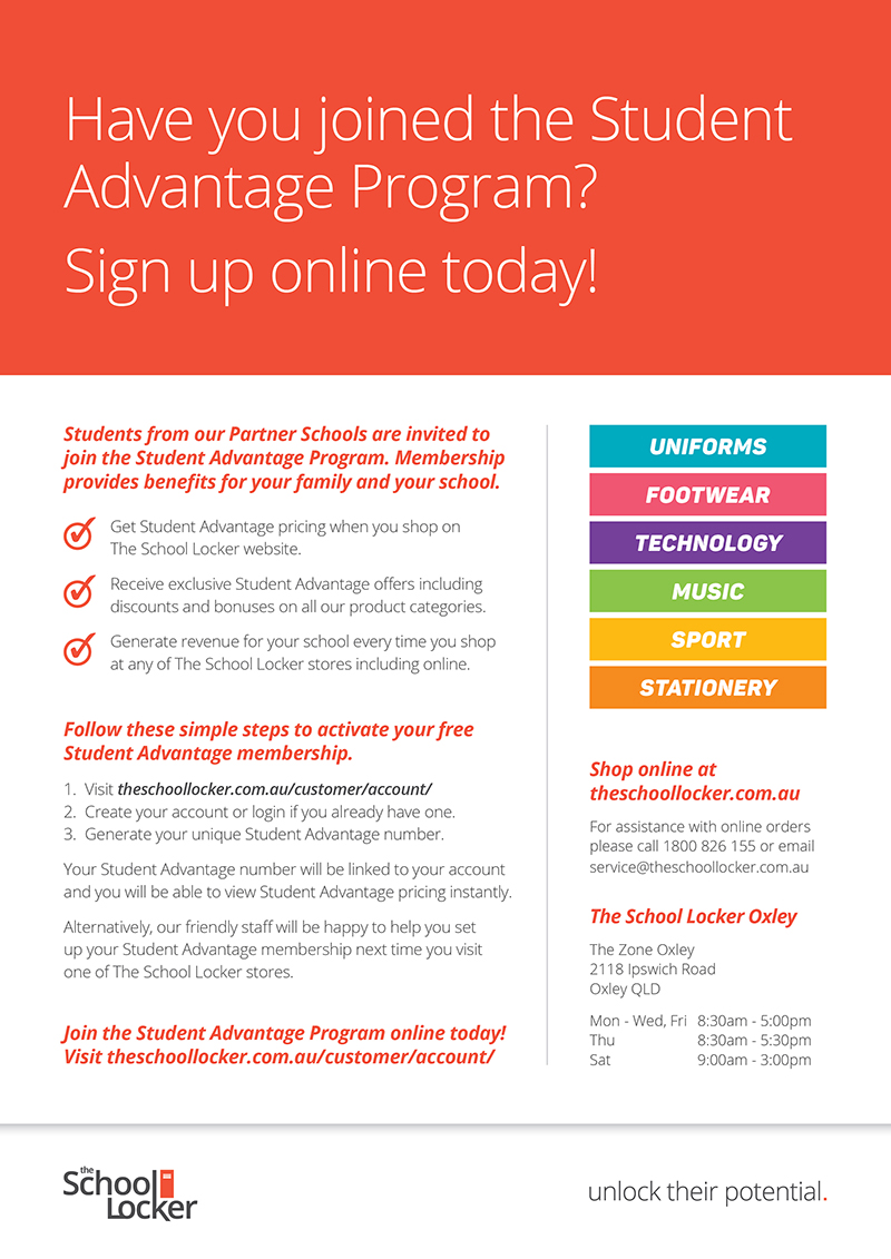 Student Advantage program poster promoting discounted school supplies and services for families, including uniforms, technology, music and sport, with instructions to sign up online Provide your feedback on BizChat