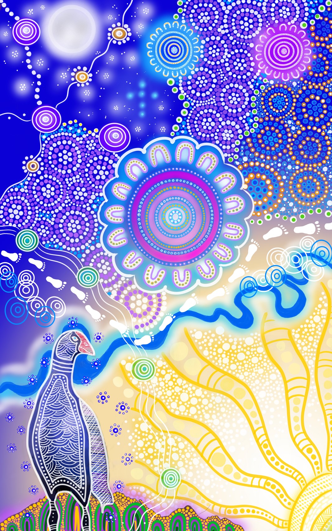 Aboriginal artwork representing connection to land, water and sky through symbolic patterns, pathways and meeting places reflecting culture, identity and community