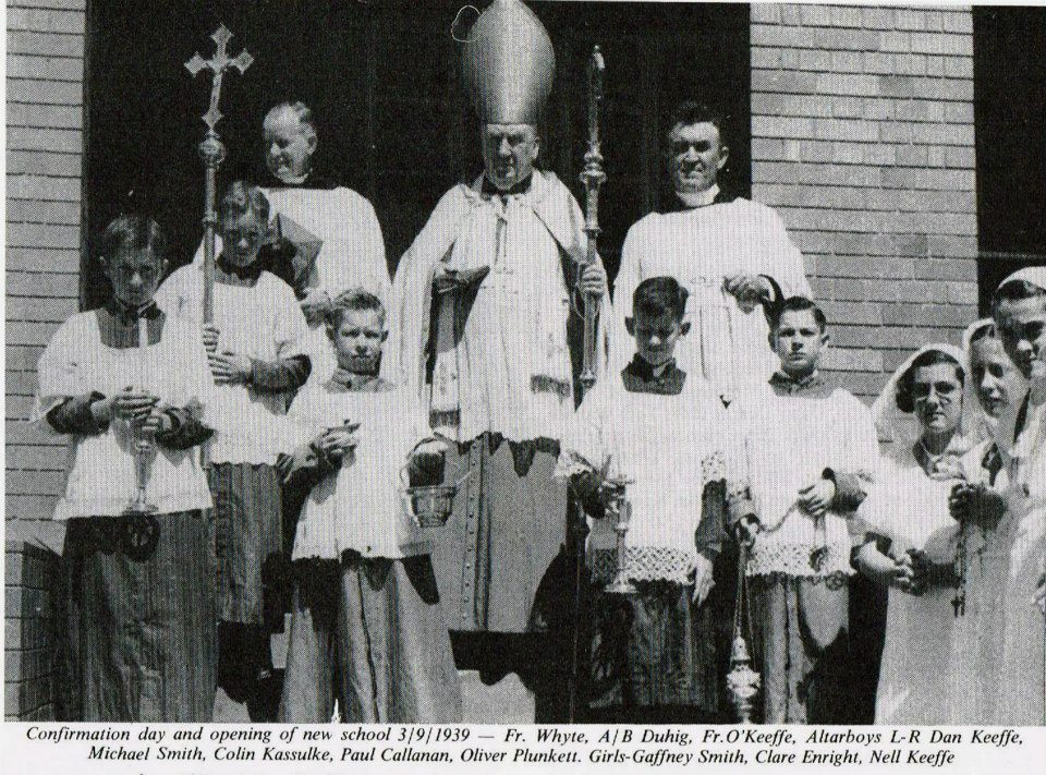 Historic confirmation ceremony with clergy and students, representing faith traditions and early school community life